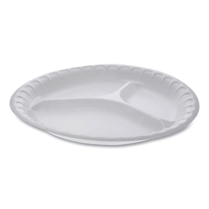 Placesetter Satin Non-Laminated Foam Dinnerware, 3-Compartment Plate, 10.25" dia, White, 540/Carton