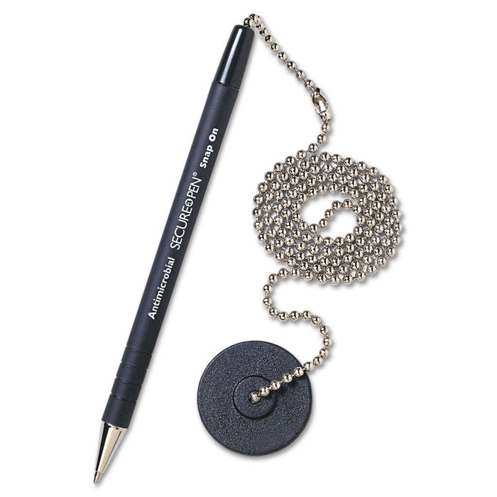 Secure-A-Pen Antimicrobial Ballpoint Counter Pen Kit with Round Base and 24" Ball Chain, 1mm, Black Ink/Barrel