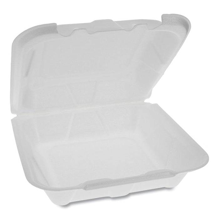 Vented Foam Hinged Lid Container, Dual Tab Lock Economy, 8.42 x 8.15 x 3, White, 150/Carton