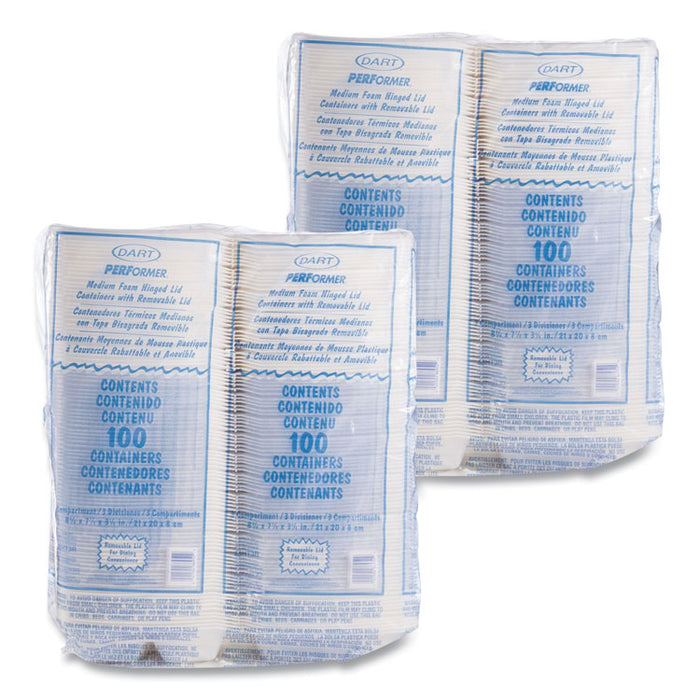 Foam Container, Hinged Lid, 3-Comp, 8 3/8 x 7 7/8 x 3 1/4, 200/Carton