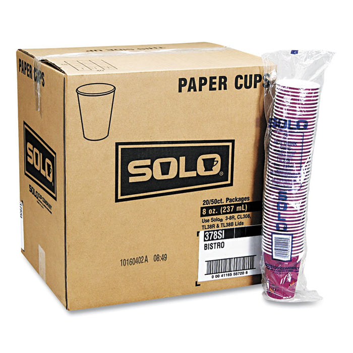 Solo Paper Hot Drink Cups in Bistro Design, 10 oz, Maroon, 1,000/Carton