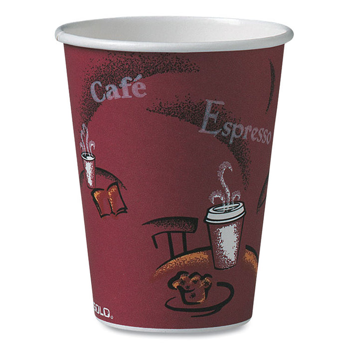 Solo Paper Hot Drink Cups in Bistro Design, 12 oz, Maroon, 50/Bag, 20 Bags/Carton