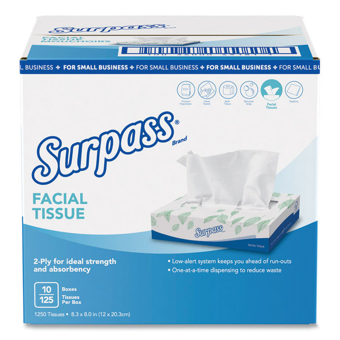 Facial Tissue, 2-Ply, White, Flat Box, 125/Box, 10 Boxes/Carton