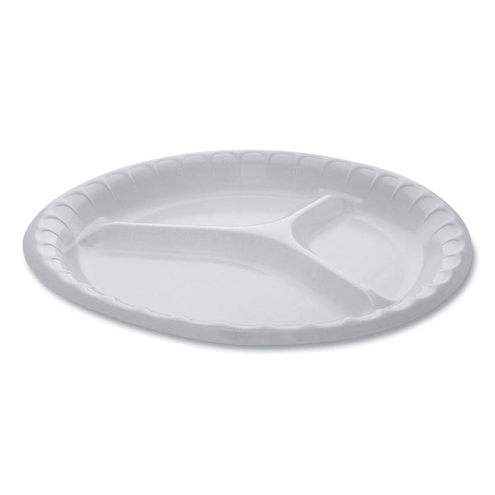 Placesetter Deluxe Laminated Foam Dinnerware, 3-Compartment Plate, 10.25" dia, White, 540/Carton