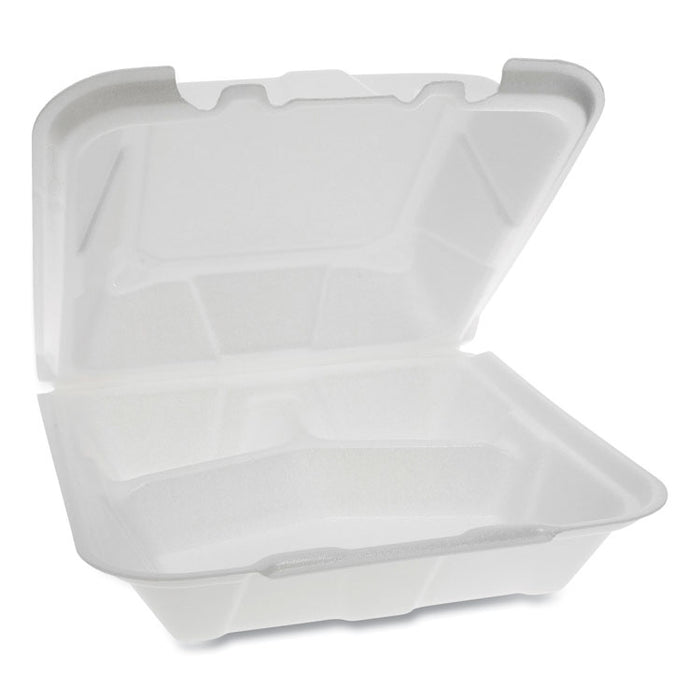 Vented Foam Hinged Lid Container, Dual Tab Lock, 3-Compartment, 9.13 x 9 x 3.25, White, 150/Carton