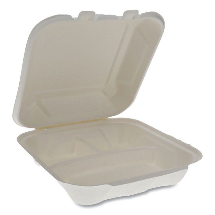 EarthChoice Bagasse Hinged Lid Container, 7.8 x 7.8 x 2.8, 3-Compartment, Natural, 150/Carton