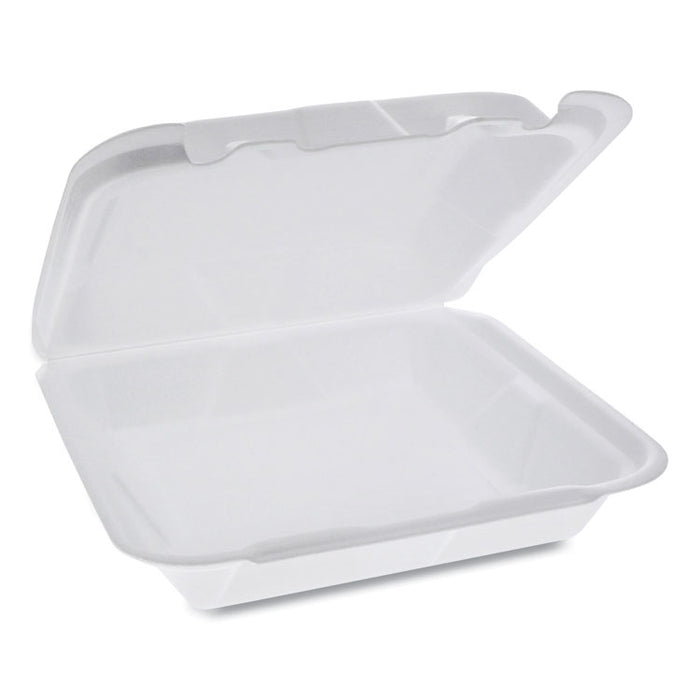Foam Hinged Lid Container, Dual Tab Lock Happy Face, 8 x 7.75 x 2.25, White, 200/Carton