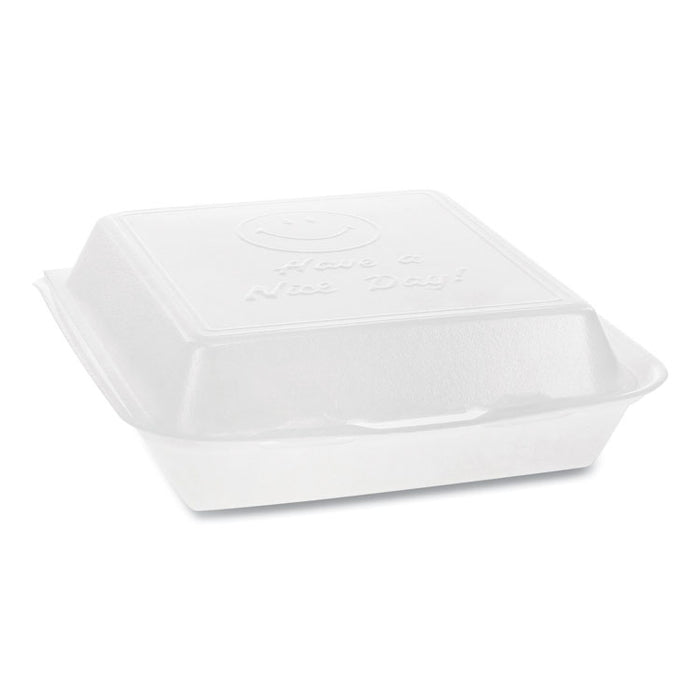 Foam Hinged Lid Container, Dual Tab Lock Happy Face, 8 x 7.75 x 2.25, White, 200/Carton