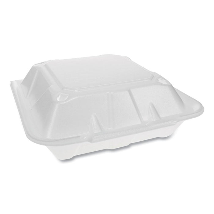 Vented Foam Hinged Lid Container, Dual Tab Lock Economy, 3-Compartment, 9.13 x 9 x 3.25, White, 150/Carton