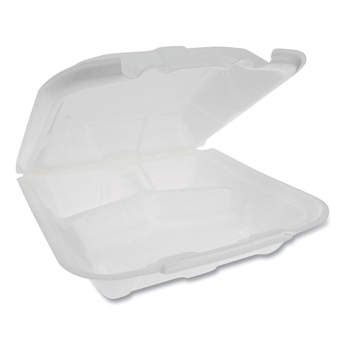 Vented Foam Hinged Lid Container, Dual Tab Lock Economy, 3-Compartment, 9.13 x 9 x 3.25, White, 150/Carton