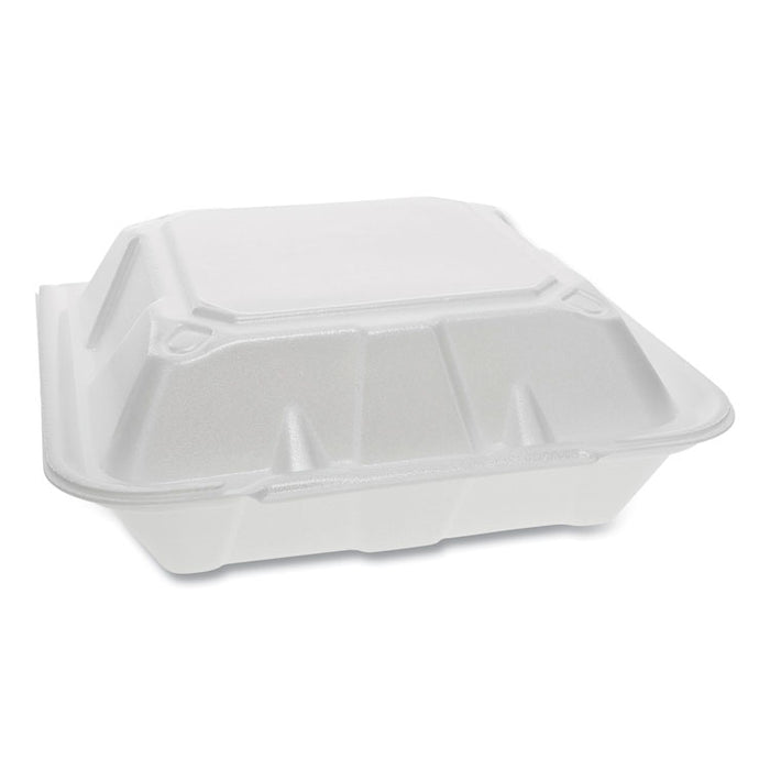 Vented Foam Hinged Lid Container, Dual Tab Lock, 3-Compartment, 9.13 x 9 x 3.25, White, 150/Carton