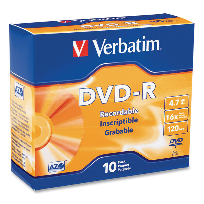 DVD-R Discs, 4.7GB, 16x, w/Slim Jewel Cases, 10/Pack