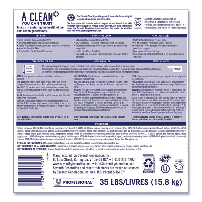 Powder Laundry Detergent, Free and Clear Scent, 35 lb Pail