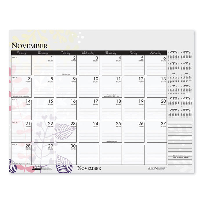 Recycled Desk Pad Calendar, Wild Flowers Artwork, 18.5 x 13, White Sheets, Black Binding/Corners,12-Month (Jan-Dec): 2023