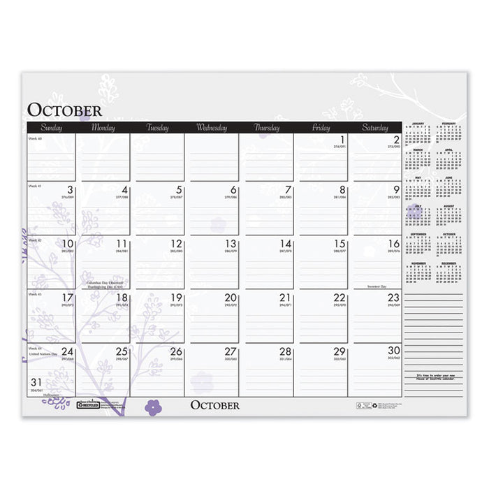 Recycled Desk Pad Calendar, Wild Flowers Artwork, 18.5 x 13, White Sheets, Black Binding/Corners,12-Month (Jan-Dec): 2023