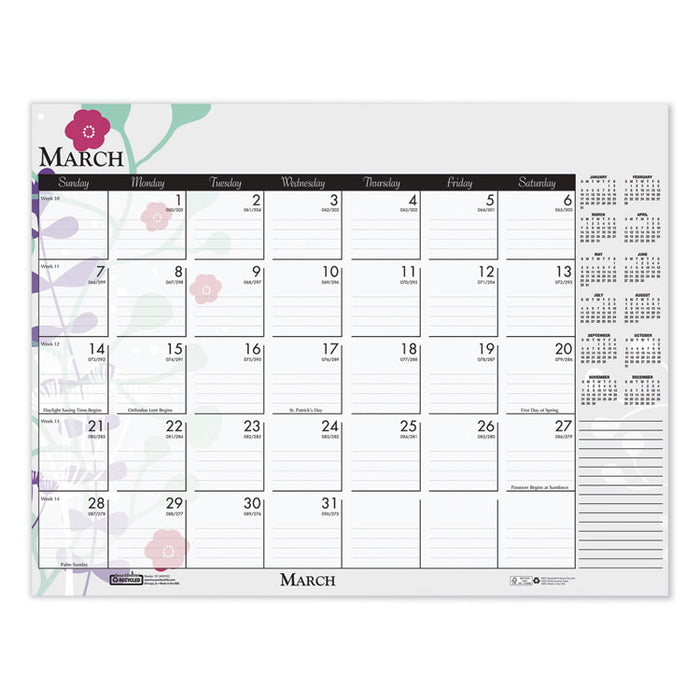 Recycled Desk Pad Calendar, Wild Flowers Artwork, 18.5 x 13, White Sheets, Black Binding/Corners,12-Month (Jan-Dec): 2023