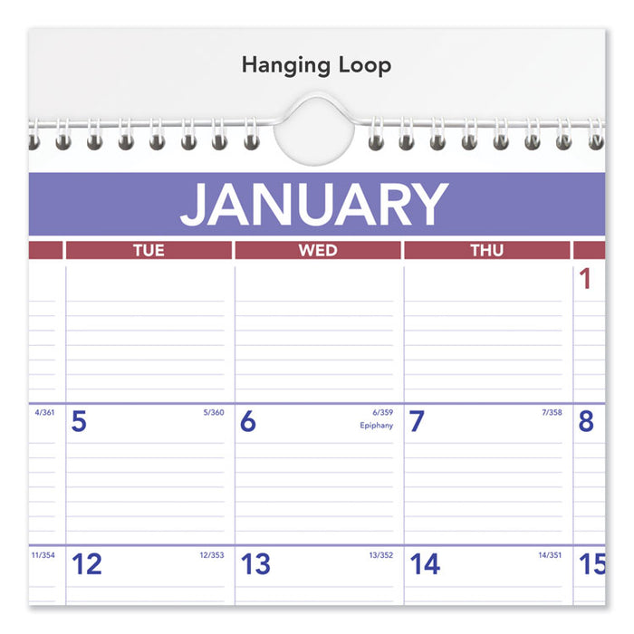 Monthly Wall Calendar, 15 x 12, Red/Blue, 2020
