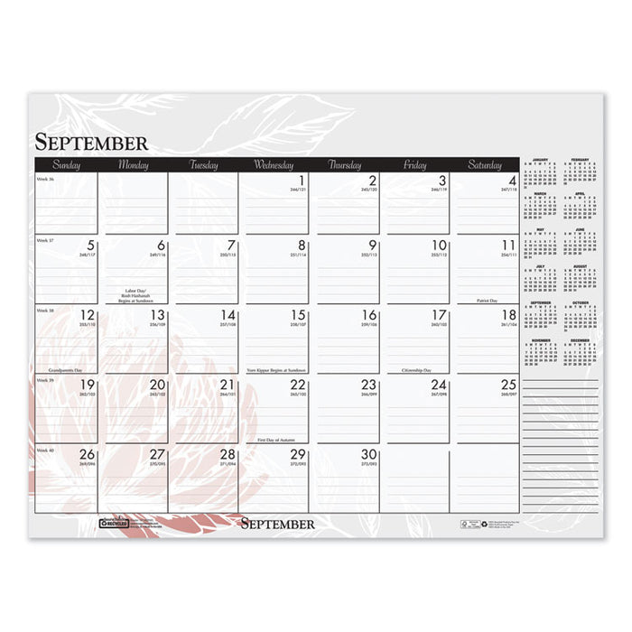 Recycled Desk Pad Calendar, Wild Flowers Artwork, 18.5 x 13, White Sheets, Black Binding/Corners,12-Month (Jan-Dec): 2023