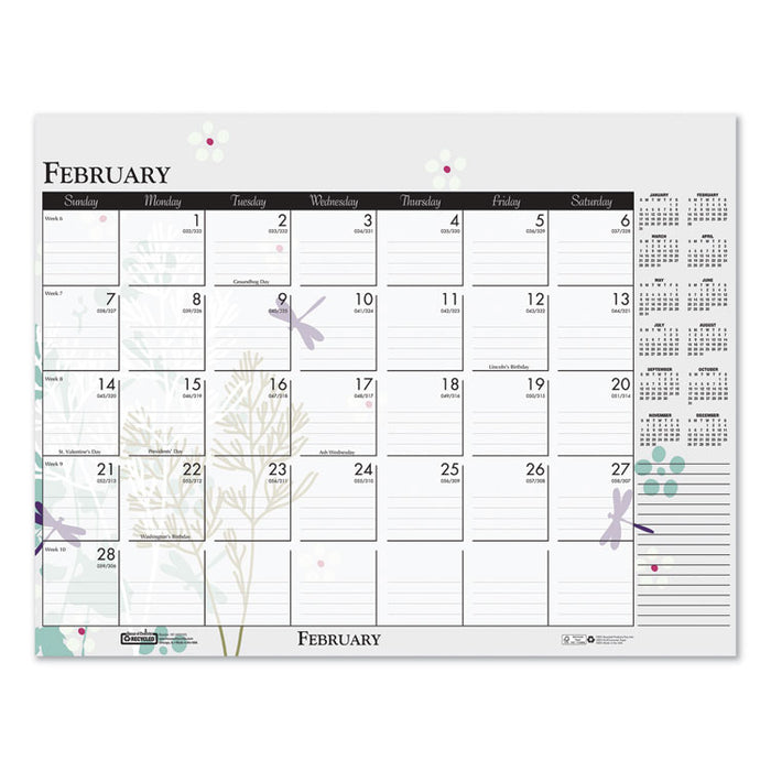 Recycled Desk Pad Calendar, Wild Flowers Artwork, 18.5 x 13, White Sheets, Black Binding/Corners,12-Month (Jan-Dec): 2023