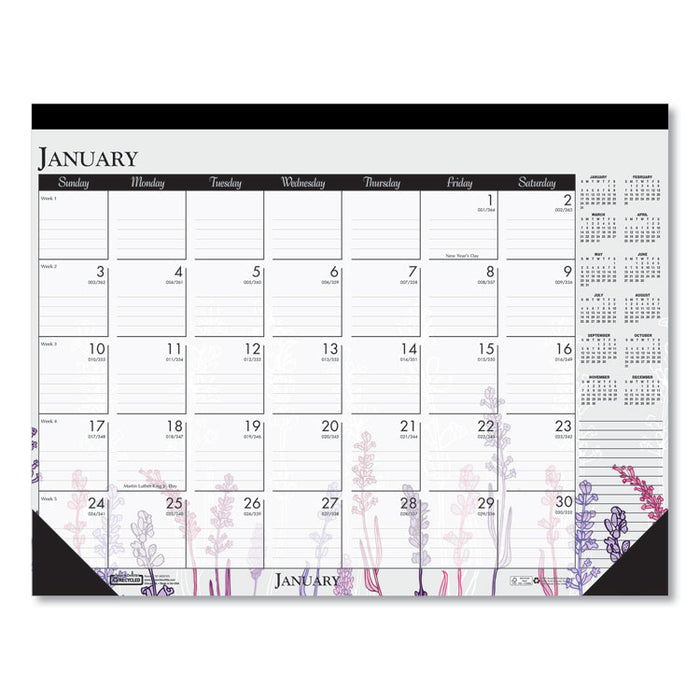 Recycled Desk Pad Calendar, Wild Flowers Artwork, 18.5 x 13, White Sheets, Black Binding/Corners,12-Month (Jan-Dec): 2023