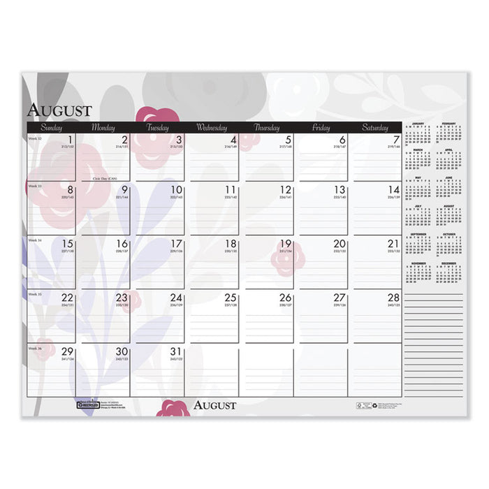 Recycled Desk Pad Calendar, Wild Flowers Artwork, 18.5 x 13, White Sheets, Black Binding/Corners,12-Month (Jan-Dec): 2023
