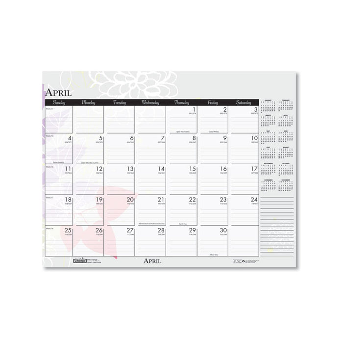 Recycled Desk Pad Calendar, Wild Flowers Artwork, 22 x 17, White Sheets, Black Binding/Corners,12-Month (Jan-Dec): 2023