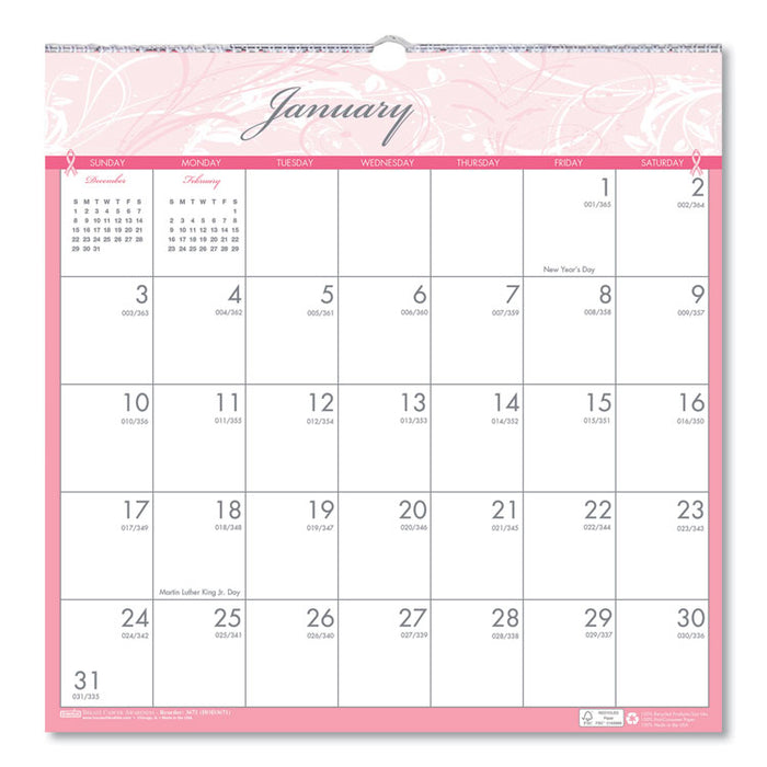 Recycled Monthly Wall Calendar, Breast Cancer Awareness Artwork, 12 x 12, White/Pink/Gray Sheets, 12-Month (Jan-Dec): 2023