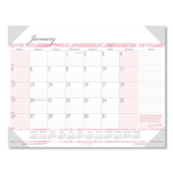 Recycled Monthly Desk Pad Calendar, Breast Cancer Awareness Artwork, 18.5 x 13, Black Binding/Corners,12-Month(Jan-Dec): 2023