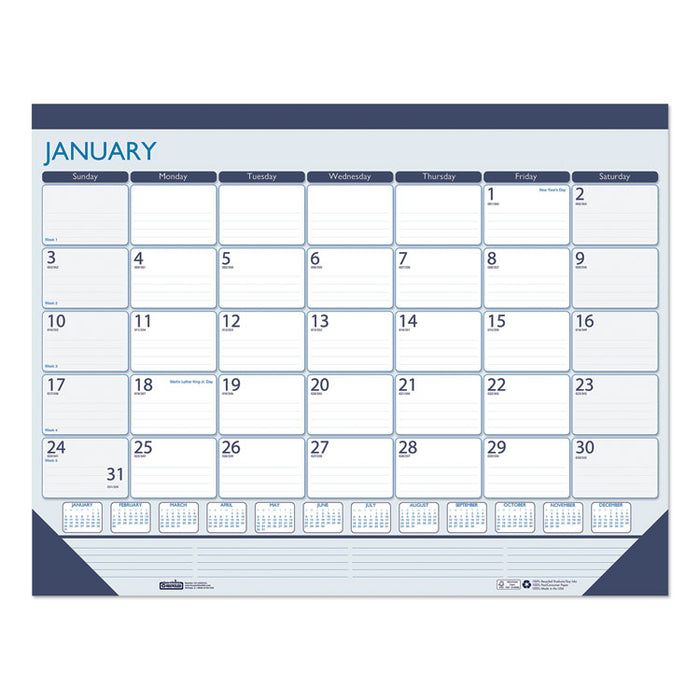 Recycled Contempo Desk Pad Calendar, 22 x 17, White/Blue Sheets, Blue Binding, Blue Corners, 12-Month (Jan to Dec): 2023