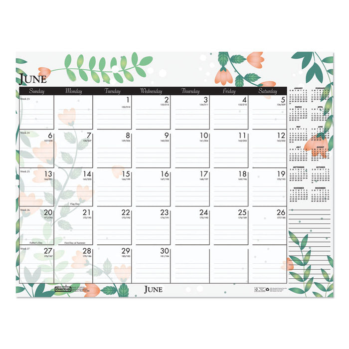 Recycled Desk Pad Calendar, Wild Flowers Artwork, 18.5 x 13, White Sheets, Black Binding/Corners,12-Month (Jan-Dec): 2023