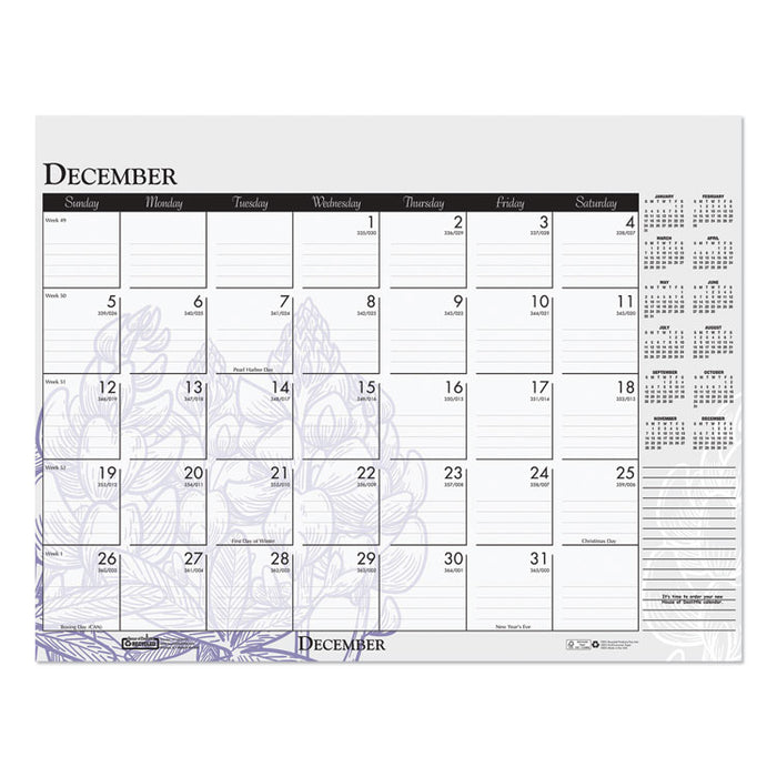 Recycled Desk Pad Calendar, Wild Flowers Artwork, 18.5 x 13, White Sheets, Black Binding/Corners,12-Month (Jan-Dec): 2023