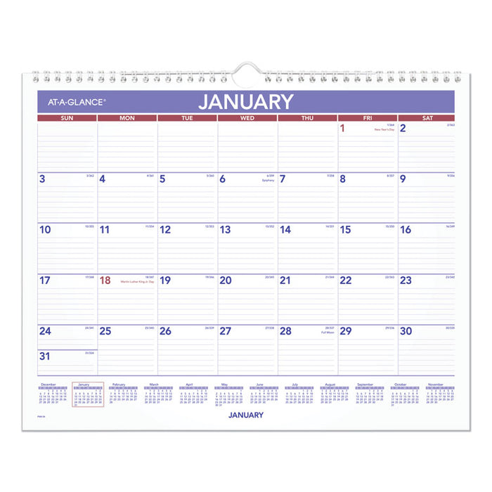 Monthly Wall Calendar, 15 x 12, Red/Blue, 2020
