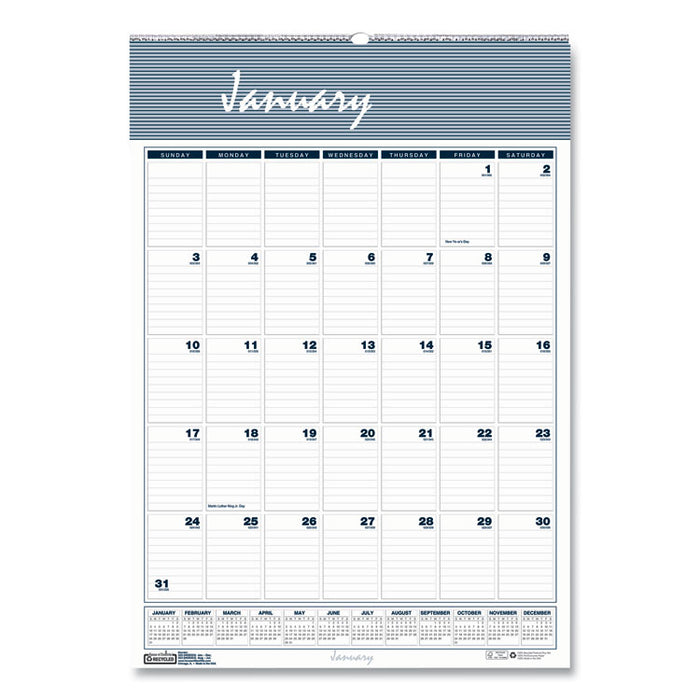 Bar Harbor Recycled Wirebound Monthly Wall Calendar, 12 x 17, White/Blue/Gray Sheets, 12-Month (Jan-Dec): 2023
