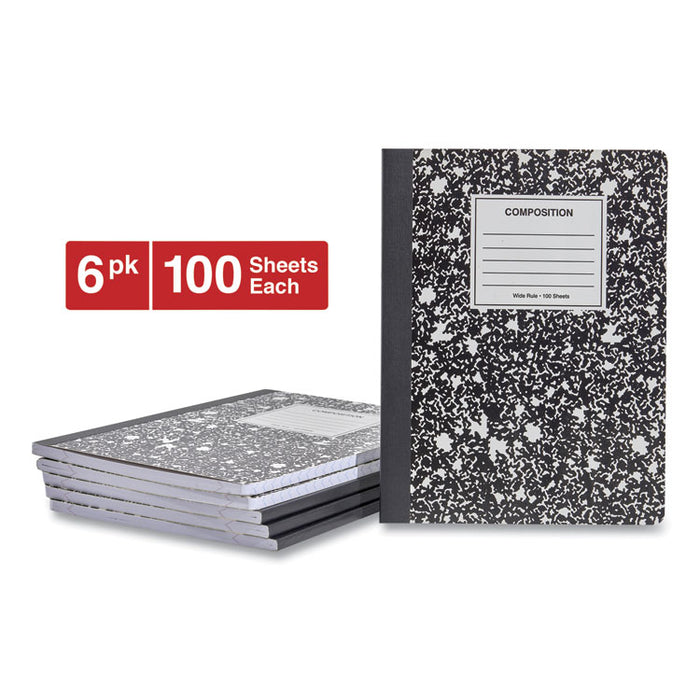 Composition Book, Wide/Legal Rule, Black Marble Cover, 9.75 x 7.5, 100 Sheets, 6/Pack