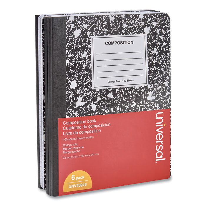 Composition Book, Medium/College Rule, Black Marble Cover, 9.75 x 7.5, 100 Sheets, 6/Pack