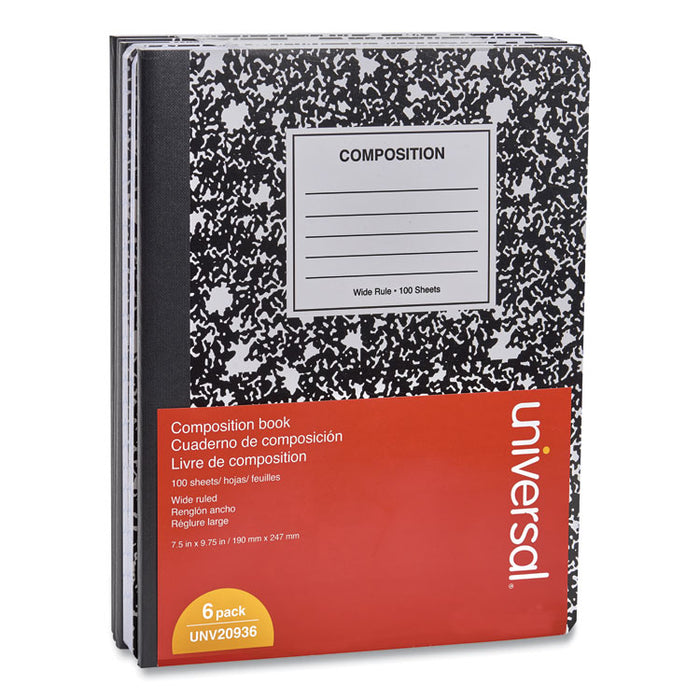 Composition Book, Wide/Legal Rule, Black Marble Cover, 9.75 x 7.5, 100 Sheets, 6/Pack
