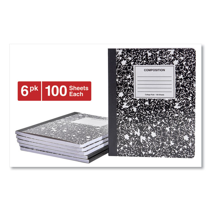 Composition Book, Medium/College Rule, Black Marble Cover, 9.75 x 7.5, 100 Sheets, 6/Pack