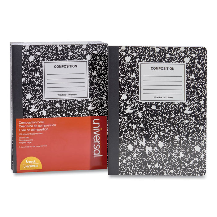 Composition Book, Wide/Legal Rule, Black Marble Cover, 9.75 x 7.5, 100 Sheets, 6/Pack
