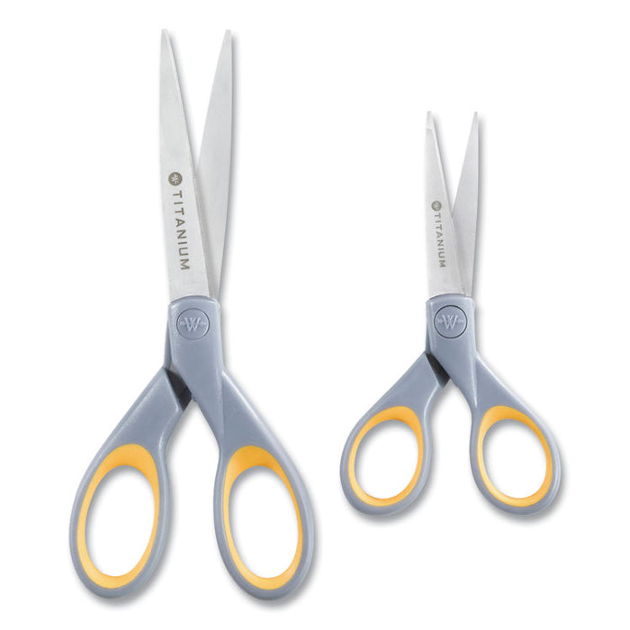 Titanium Bonded Scissors, Pointed Tip, 5" and 7" Long, 2.25" and 3.5" Cut Lengths, Gray/Yellow Straight Handles, 2/Pack