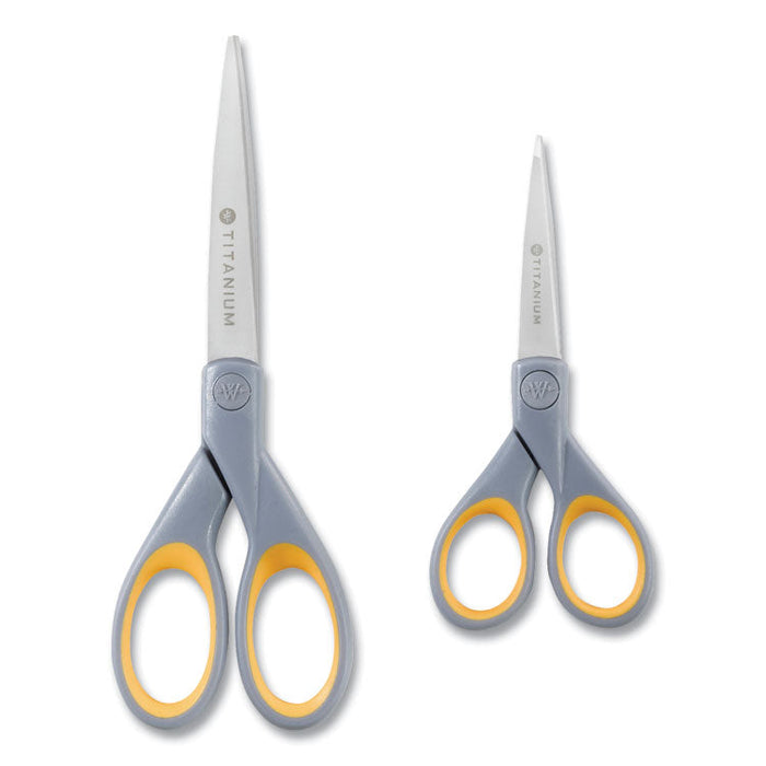 Titanium Bonded Scissors, Pointed Tip, 5" and 7" Long, 2.25" and 3.5" Cut Lengths, Gray/Yellow Straight Handles, 2/Pack