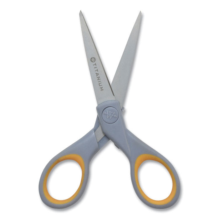 Titanium Bonded Scissors, Pointed Tip, 5" and 7" Long, 2.25" and 3.5" Cut Lengths, Gray/Yellow Straight Handles, 2/Pack
