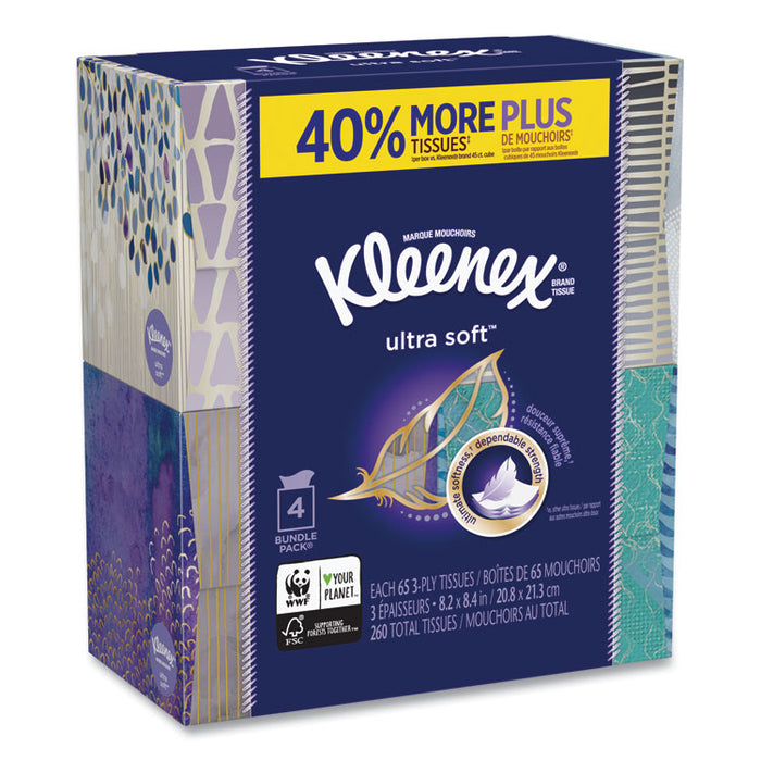 Ultra Soft Facial Tissue, 3-Ply, White, 8.75 x 4.5, 65 Sheets/Box, 4 Boxes/Pack, 12 Packs/Carton