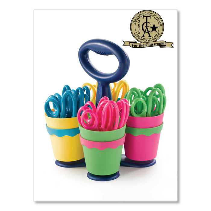 Scissor Caddy with Kids' Scissors, 5" Long, 2" Cut Length, Light Blue; Light Green; Pink; Yellow, Straight Handles, 24/Set