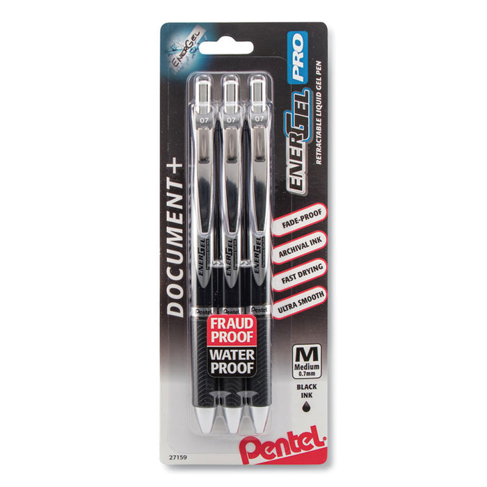 EnerGel PRO Retractable Gel Pen, Medium 0.7mm, Black Ink/Barrel, 3/Pack