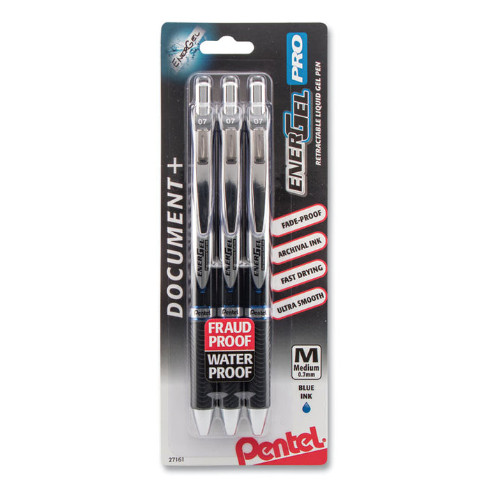 EnerGel PRO Retractable Gel Pen, Medium 0.7mm, Blue Ink, Black Barrel, 3/Pack