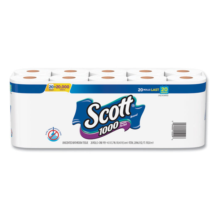 Standard Roll Bathroom Tissue, Septic Safe, 1-Ply, White, 20/Pack, 2 Packs/Carton