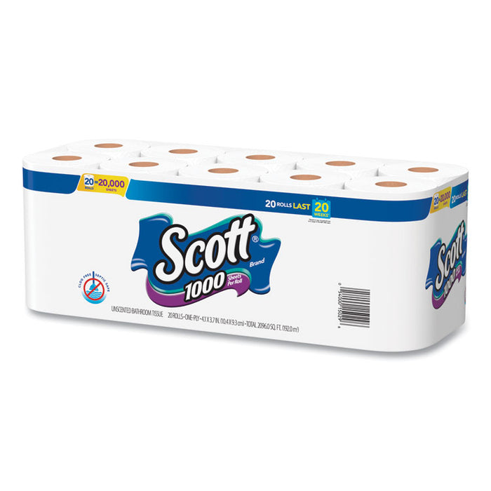 Standard Roll Bathroom Tissue, Septic Safe, 1-Ply, White, 20/Pack, 2 Packs/Carton