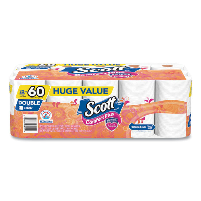 ComfortPlus Toilet Paper, Double Roll, Bath Tissue, Septic Safe, 1-Ply, White, 231 Sheets/Roll, 30 Rolls/Pack