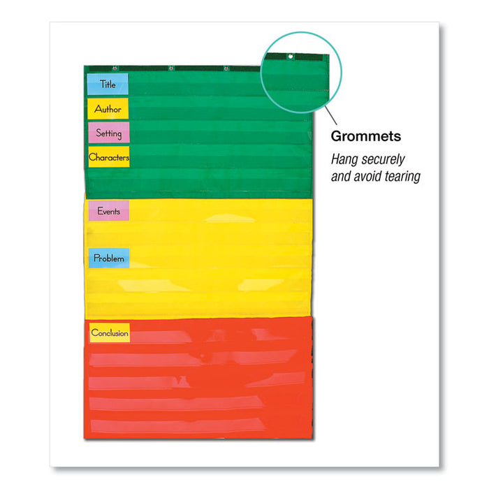 Adjustable Tri-Section Pocket Chart, 15 Pockets, Guide, 33.75 x 55.5, Red/Green/Yellow