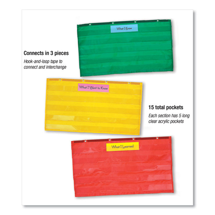 Adjustable Tri-Section Pocket Chart, 15 Pockets, Guide, 33.75 x 55.5, Red/Green/Yellow